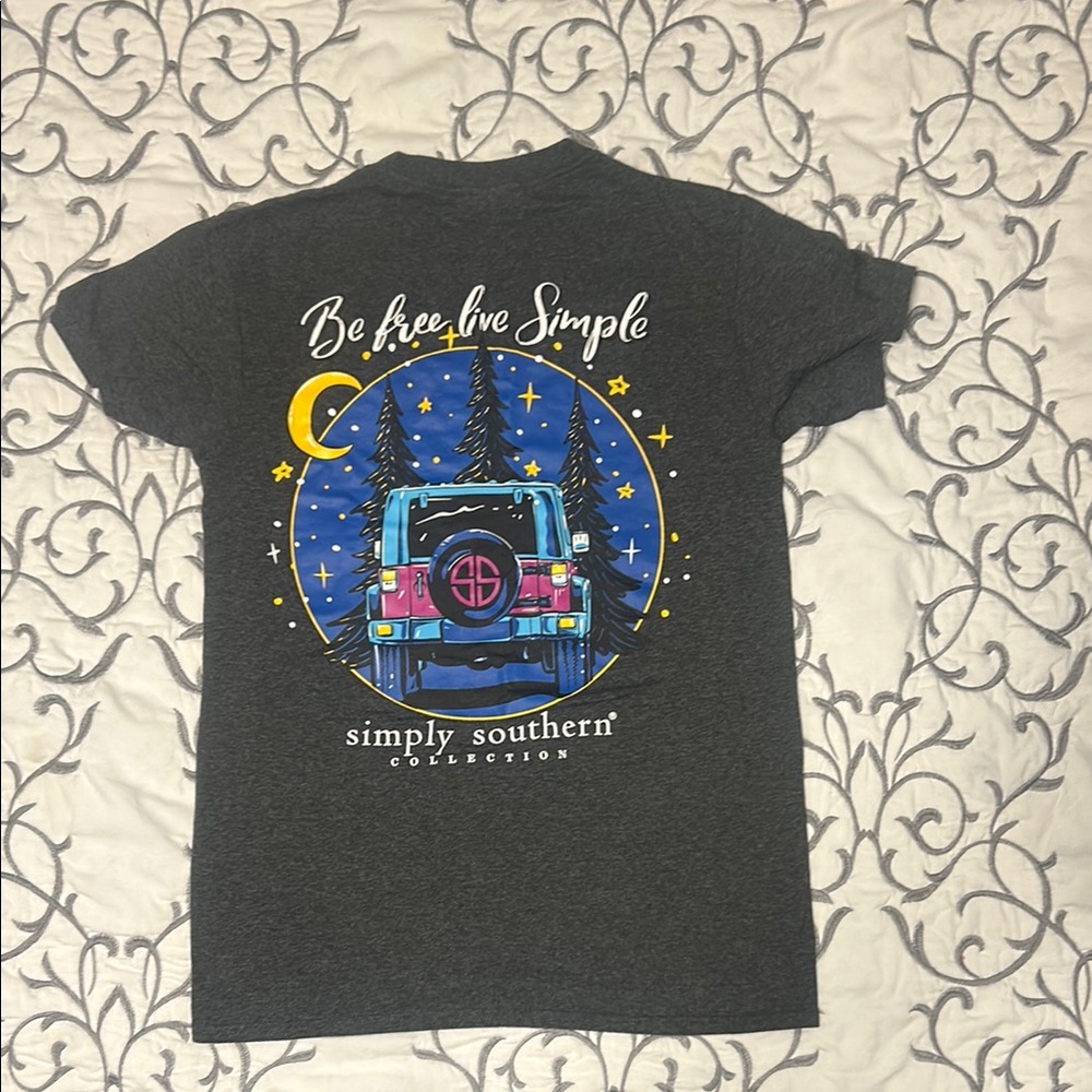 Simply Southern Dark Gray Tee with Blue, Yellow, Pink, White Graphic